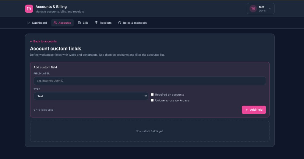 Define workspace custom fields with types and constraints
