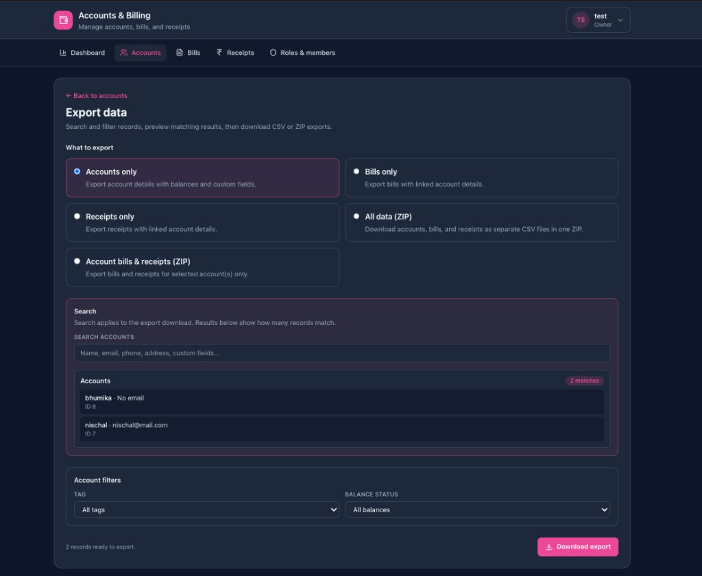 Search, filter, and export accounts, bills, or receipts as CSV or ZIP