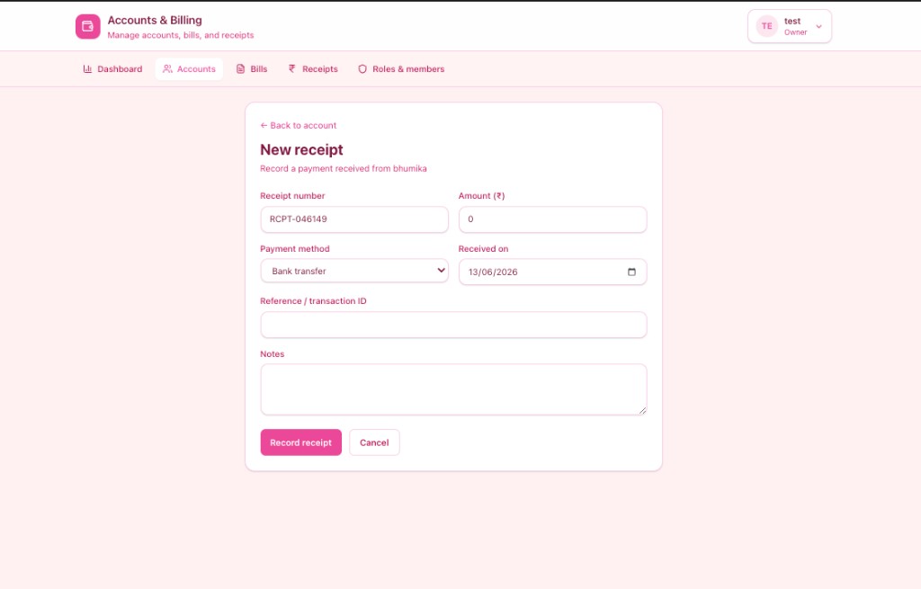 Record a payment receipt with method and reference